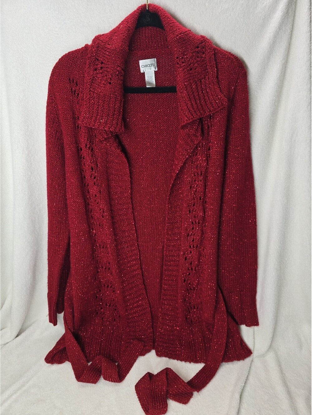 Chico's Women's Red Wool Blend Open Tie Front Duster Sweater Cover Size 2